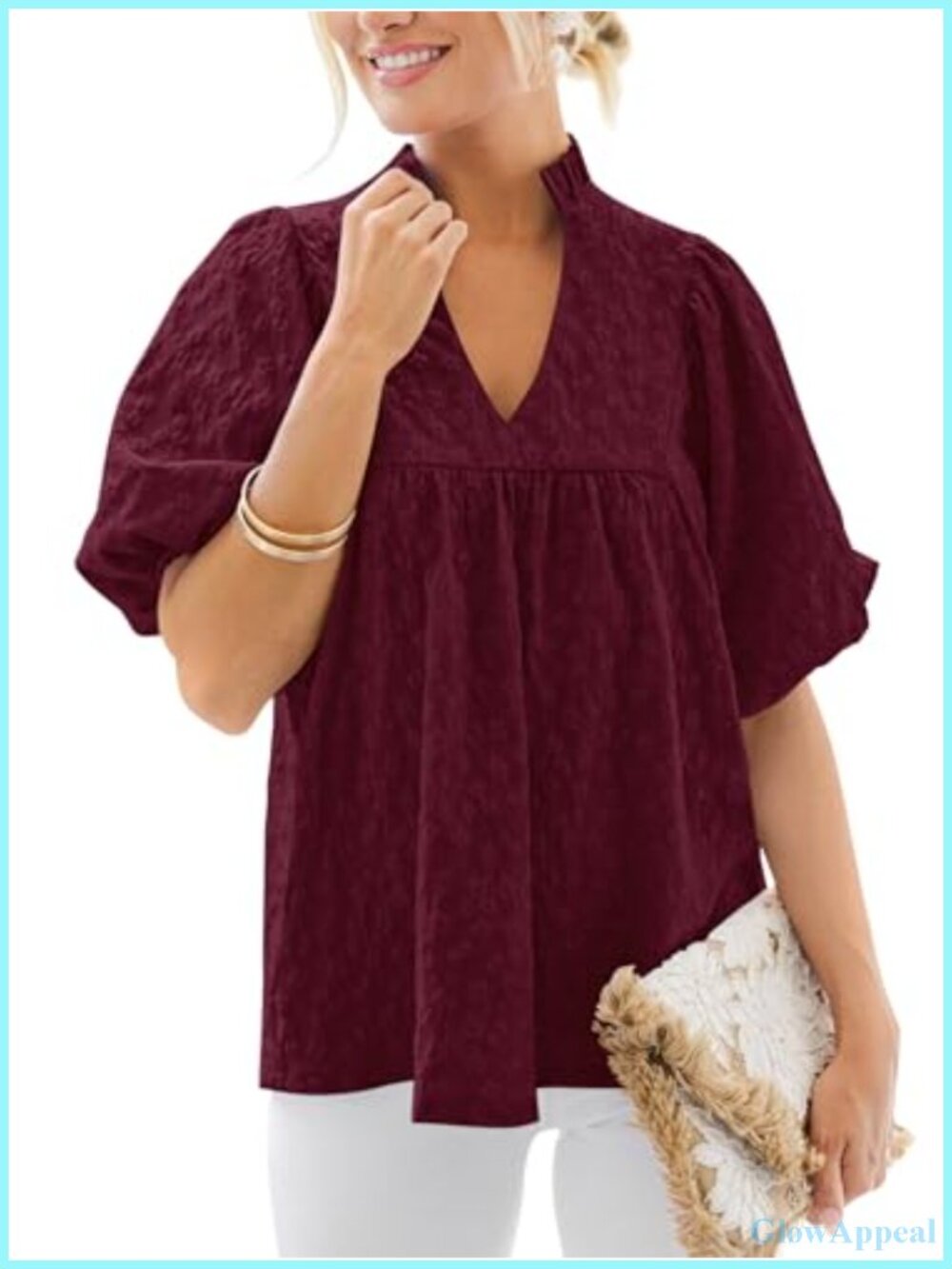 Womens Babydoll Peplum Blouse Puff Sleeve V-Neck Ruffle Collar Floral Jacquard